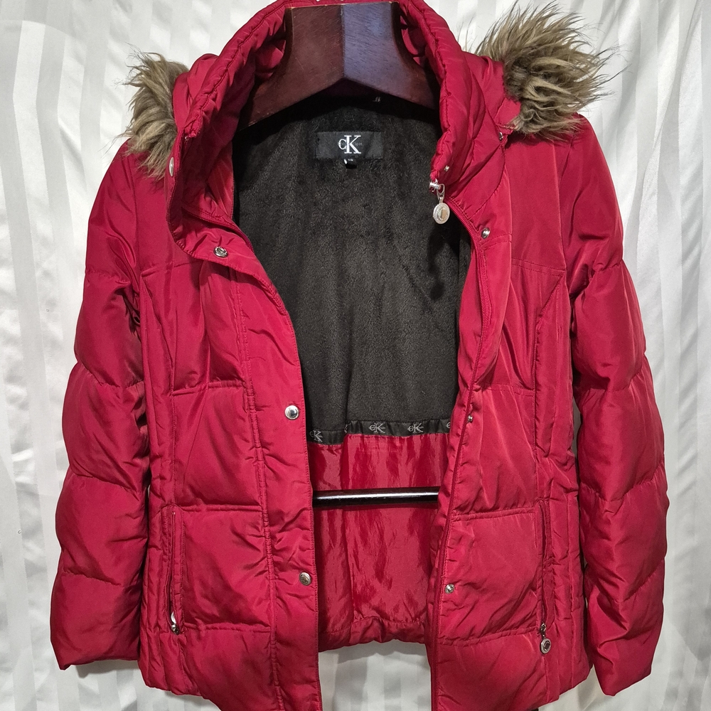 Calvin Klein Red Puffer Jacket with Removable Faux Fur Hood